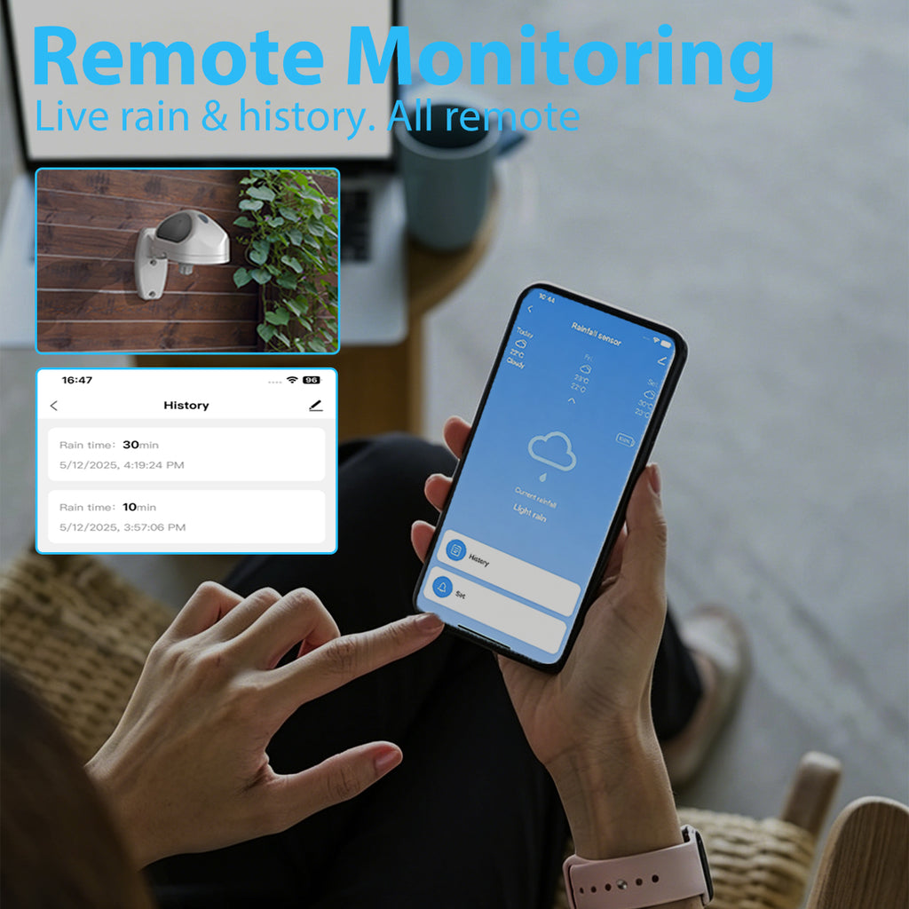 LifeInnov WiFi Smart Rain Sensor detects rainfall for Smart Life scenes, helping compatible irrigation devices avoid watering when rain is detected outside.