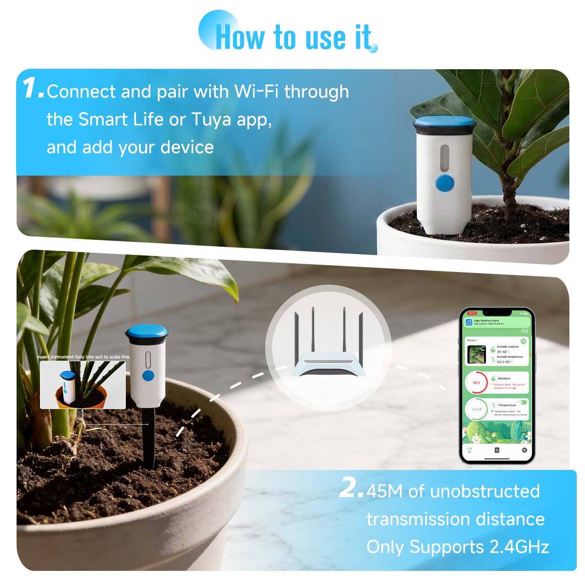 Lifeinnov Soil Moisture Sensor with Soil Temperature, Smart Life App Plant Monitor for Indoor Plants, 2.4 GHz without Hub, Alarm in Too Dry or Wet Soil, Gradient, Data Export